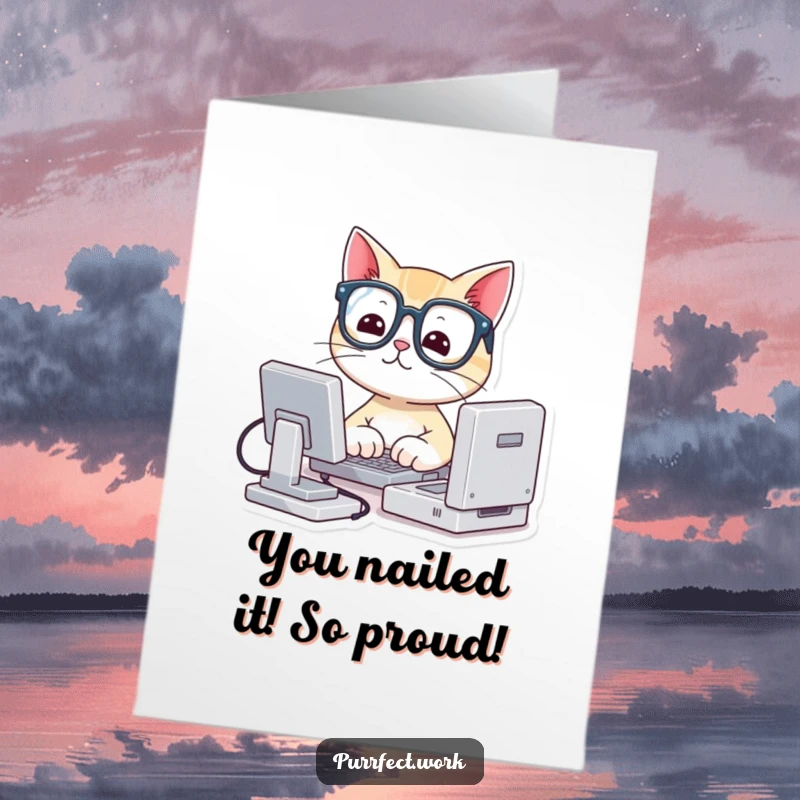 Funny Free Printable Congratulations Card: Cute cat in glasses typing on a tiny computer celebrating a win.