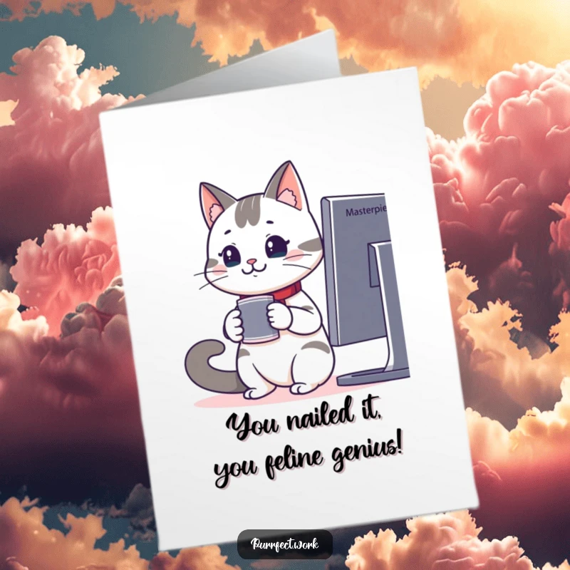 Funny Free Printable Congratulations Card: Office cat with coffee gazes at monitor, ready to celebrate your amazing achievement.