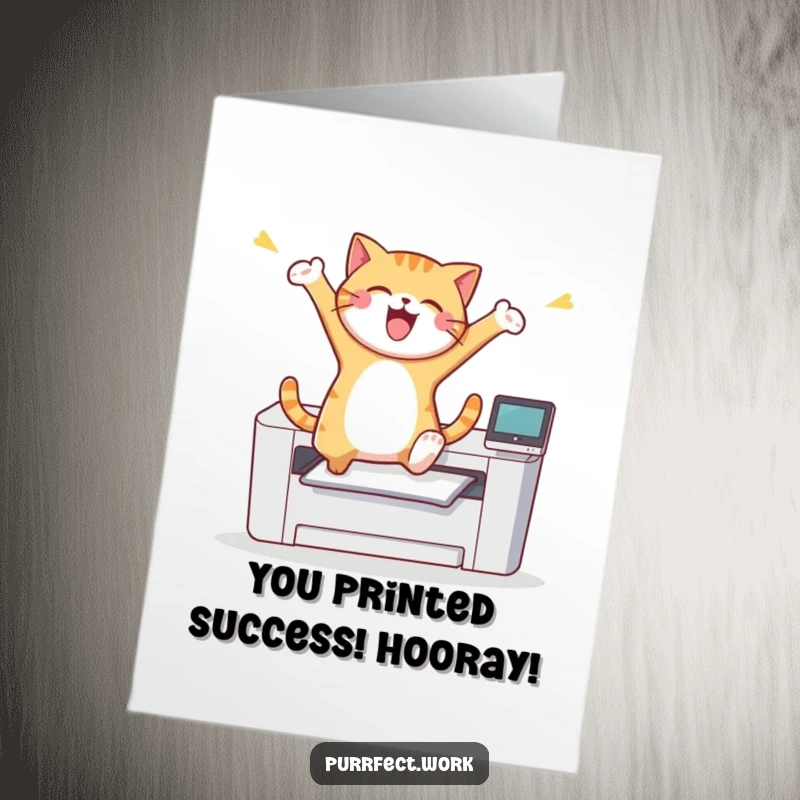 Funny Free Printable Congratulations Card: Joyful cat triumphantly leaping over a printer, celebrating achievement.