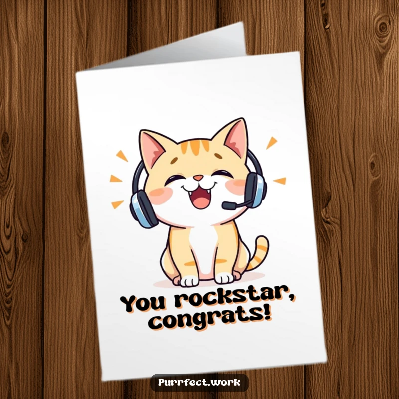 Funny Free Printable Congrats Card: An enthusiastic cat in a headset shares exciting news, celebrating.