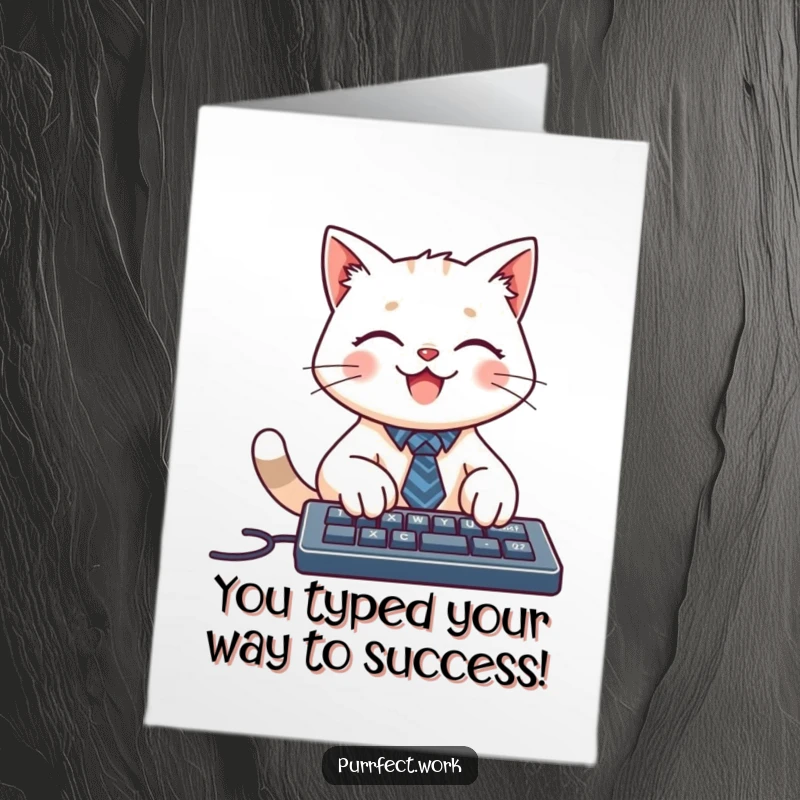 Free Printable Congratulations Card: A smiling cat in a tiny tie, focused on typing on a keyboard, business humor