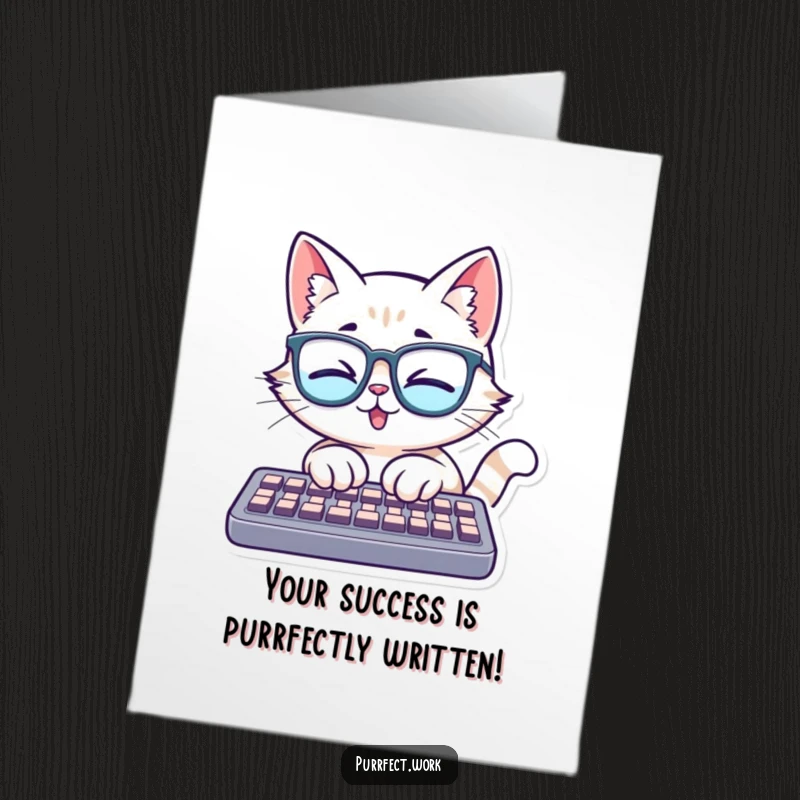 Funny Free Printable Congratulations Card: A cat with glasses types with extreme enthusiasm on a keyboard, looking like a prolific author.