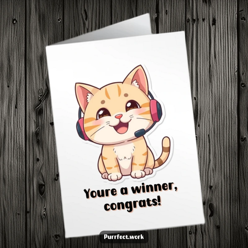 Funny Free Printable Support Cat Congratulations Card: Delighted cat in headset looking alert and engaged celebrating success.