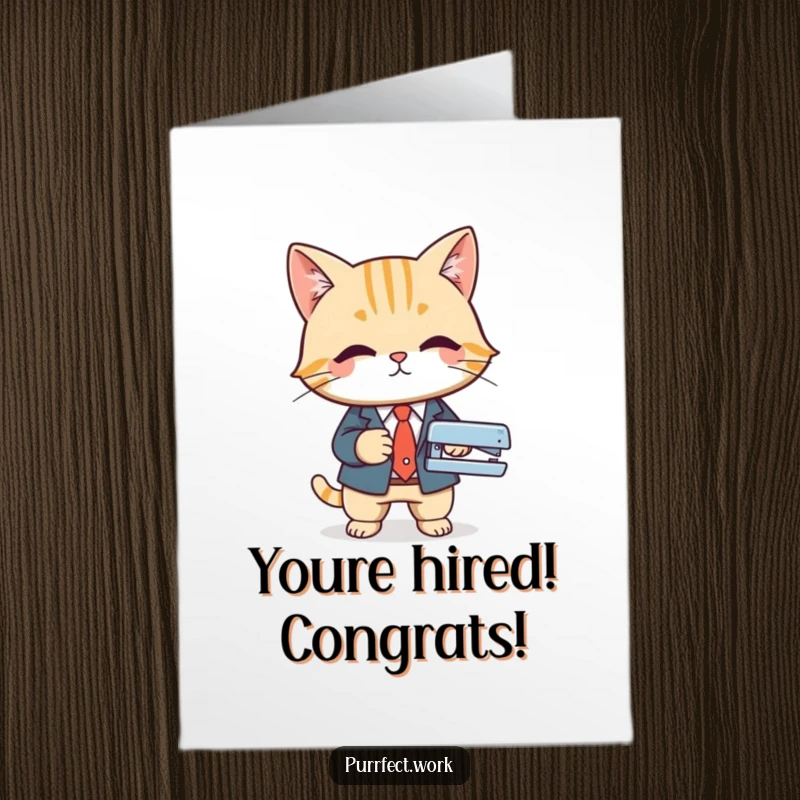 Funny Free Printable Congratulations Card: Cat in a suit diligently staples documents, a humorous way to say congrats.