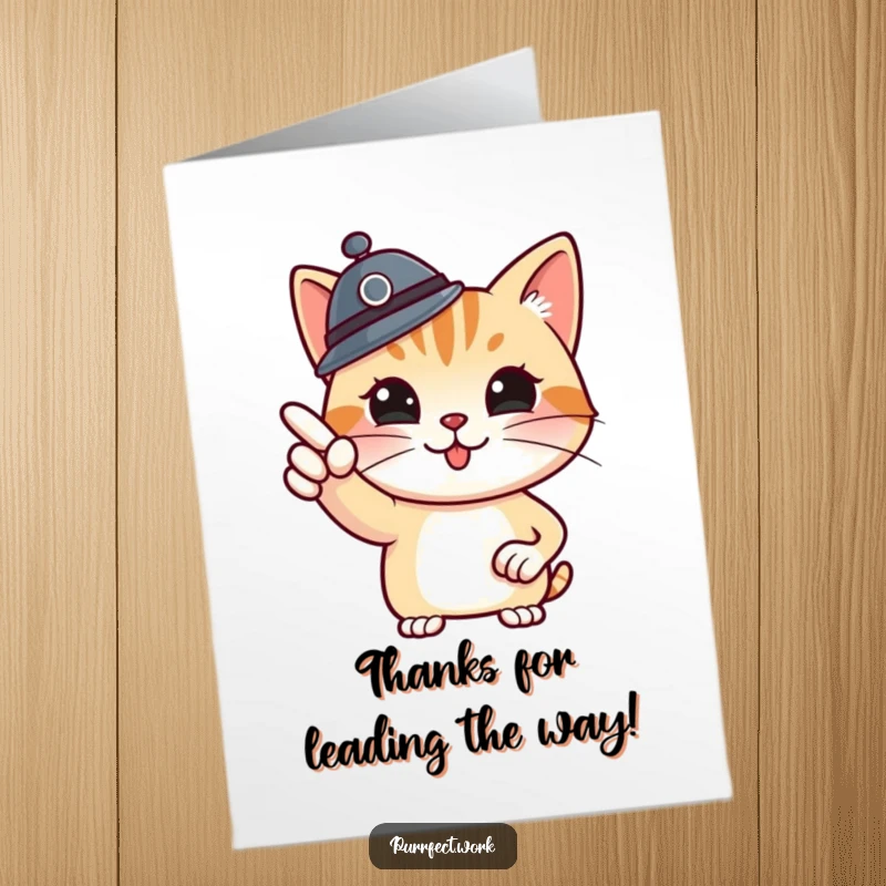 Funny Free Printable Boss Cat Thank You Card: Proud cat in boss hat pointing at a whiteboard expressing thanks.