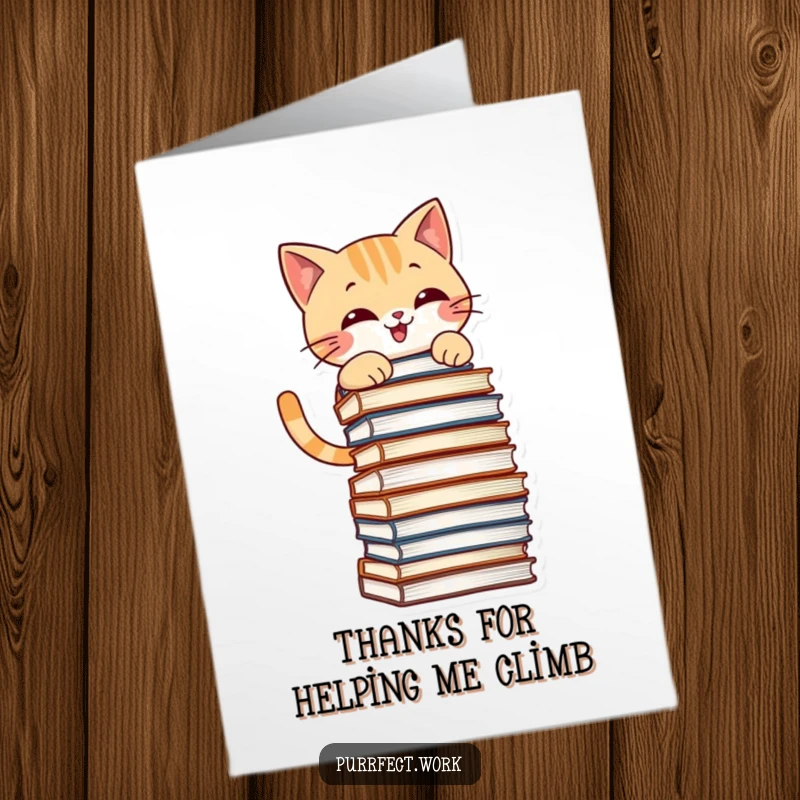 Funny Free Printable Thank You Card: Mischievous cat grins while climbing a stack of files, thanking you for your help.