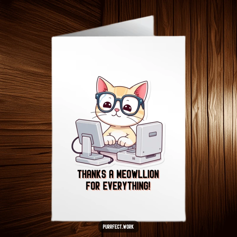 Funny Free Printable Thank You Card: Cute cat wearing glasses typing on a mini computer saying thanks.