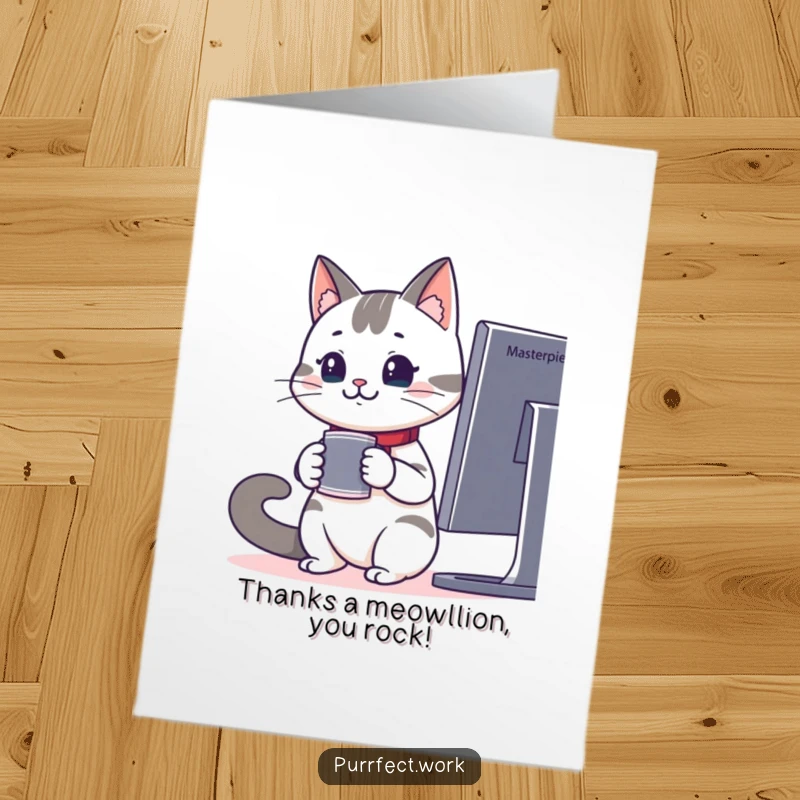 Funny Free Printable Thank You Card: Office cat with coffee cup intently watches screen, expressing sincere gratitude.