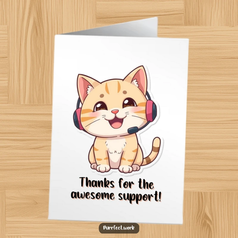 Funny Free Printable Support Cat Thank You Card: Delighted cat in headset looking alert and engaged showing thanks.