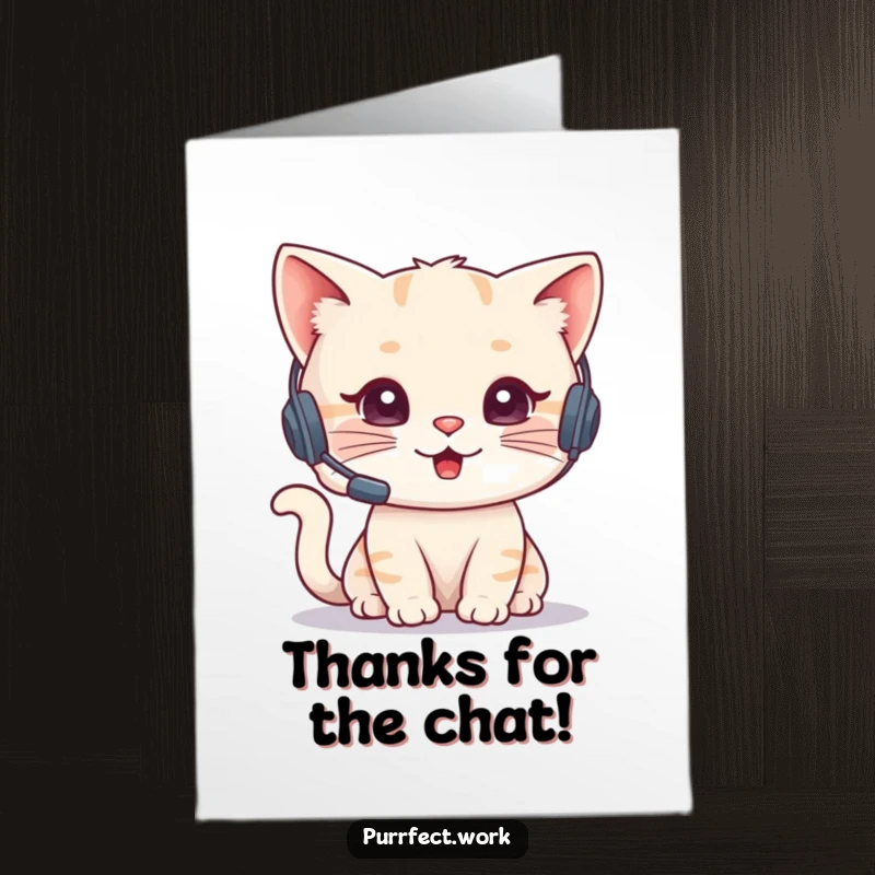Funny free printable thank you card: a cute cat wearing a headset, talking on a phone, expressing thanks.