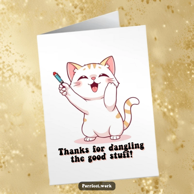 Funny Free Printable Thank You Card: A playful cat bats at a dangling pen, conveying thanks with a sense of fun and lightheartedness.