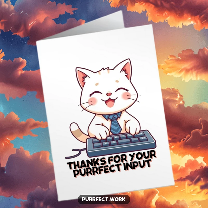 Funny Free Printable Thank You Card: A cat in a tie typing on a keyboard, a humorous thank you note