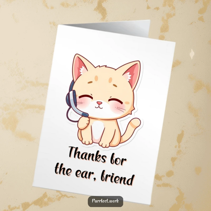 Funny Free Printable Thank You Card: Cheeky cat in headset, on phone, with a bow tie, looking grateful.