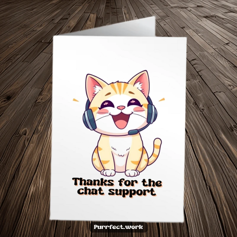 Funny Free Printable Thank You Card of a cheerful cat wearing a headset, talking enthusiastically to express thanks.