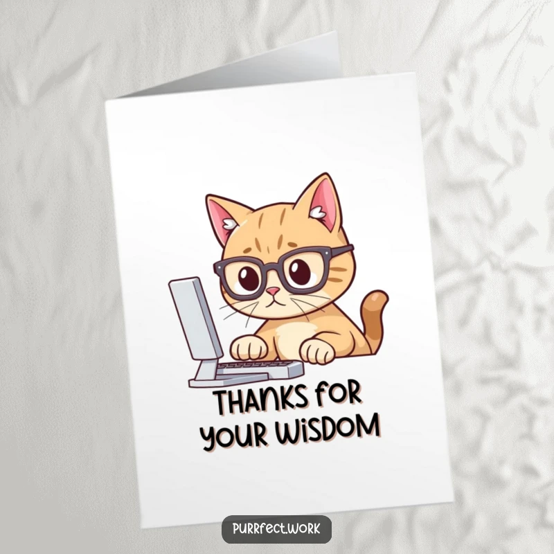 Funny Free Printable Thank You Card: Cat with glasses intently watches computer screen, an intelligent and funny thank you.