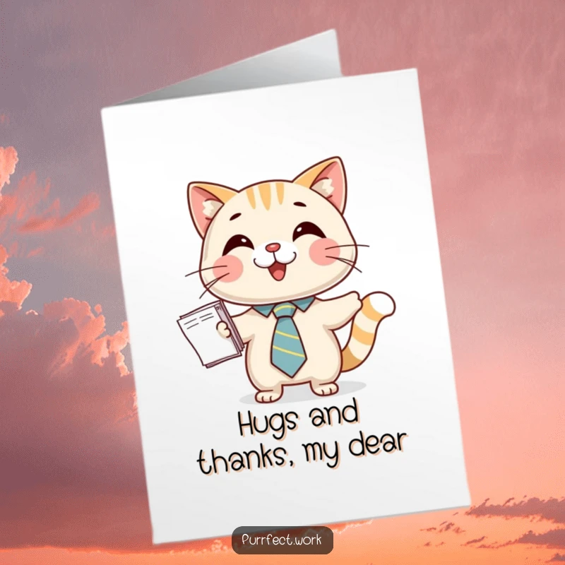 Funny Free Printable Thank You Card: Cat in a tiny tie holds papers, formally saying thank you with a smile.