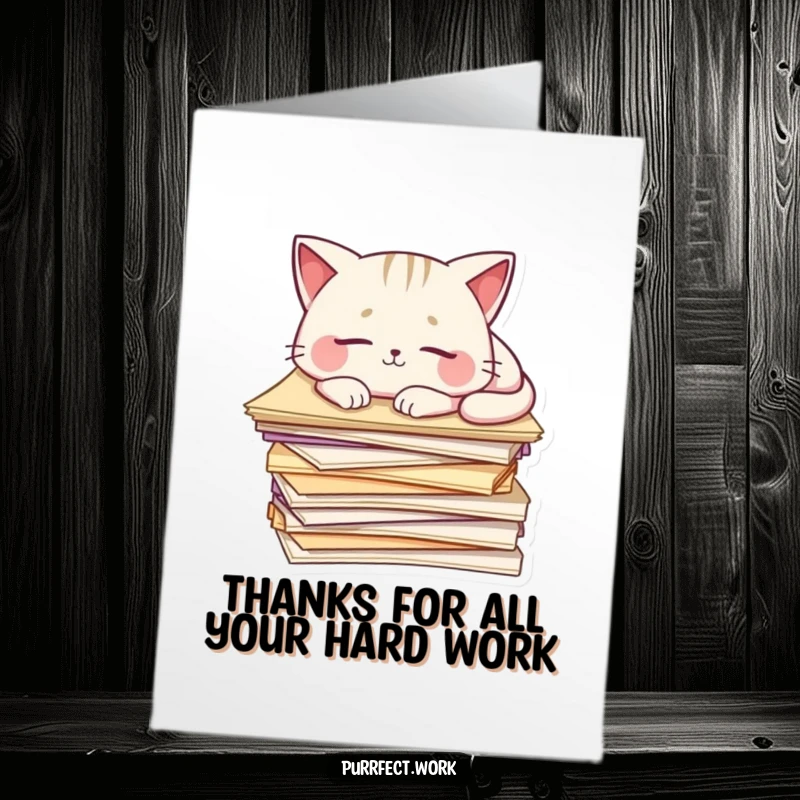 Funny free printable thank you card: A content cat sleeps soundly on a stack of papers. Perfect for thanking a friend.