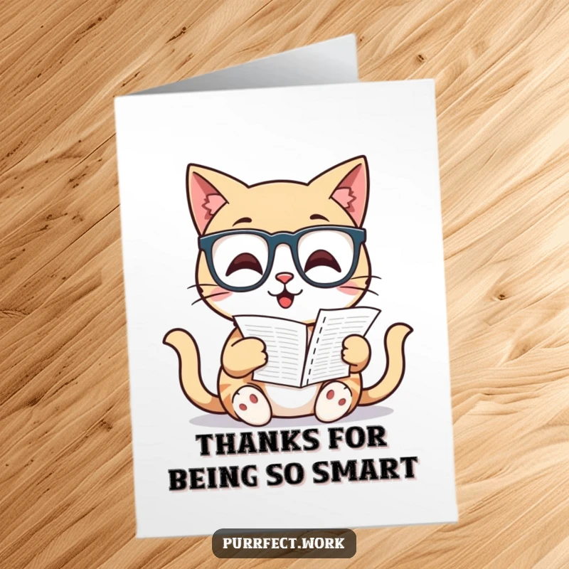Funny free printable thank you card: A studious cat wearing glasses analyzes a complex spreadsheet. Great for thanking colleagues.