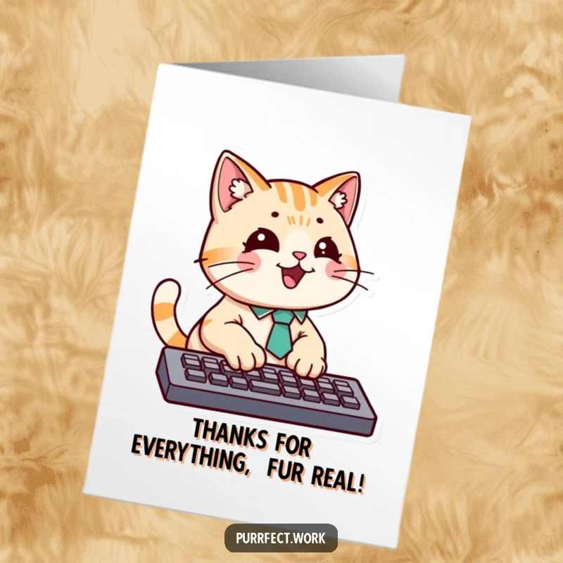 Funny Free Printable Thank You Card with a cat wearing a tie, energetically typing on a computer keyboard.