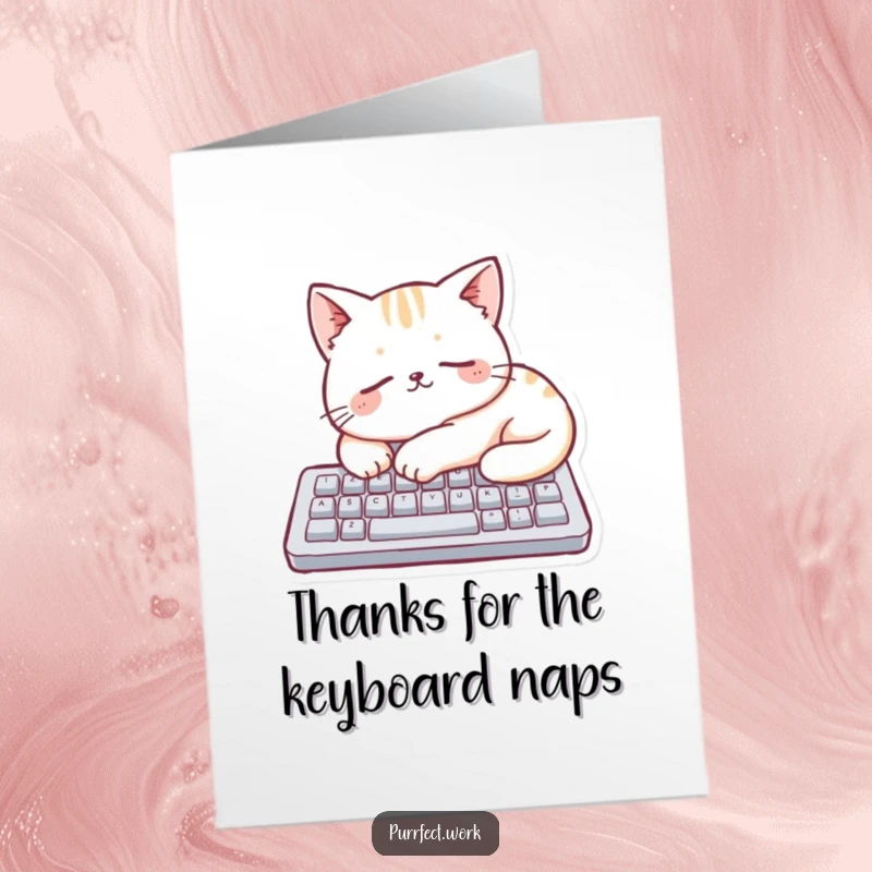 Funny Free Printable Thank You Card: A cute cat sleeps soundly on a small keyboard, a symbol of peaceful work.