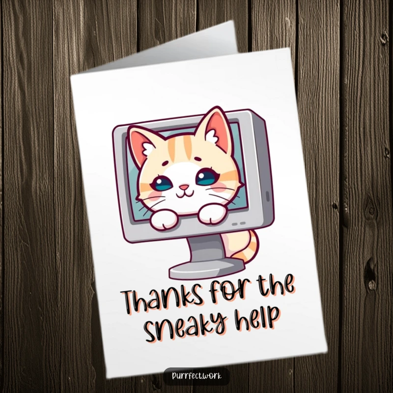 Funny Free Printable Thank You Card: A mischievous cat hiding behind a computer monitor, sending secret thanks with a playful glint in its eyes.