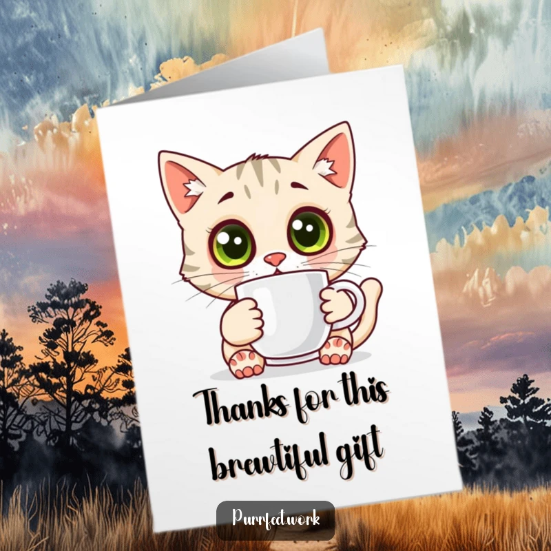Funny Free Printable Thank You Card: A startled cat with wide eyes holds a coffee mug, conveying surprise and thanks.