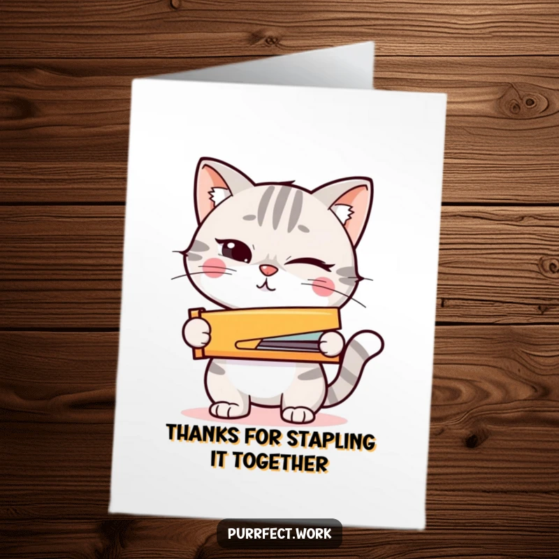 Funny Free Printable Thank You Card: Winking cat poses with a tiny stapler, ready to tackle any task with a smile.