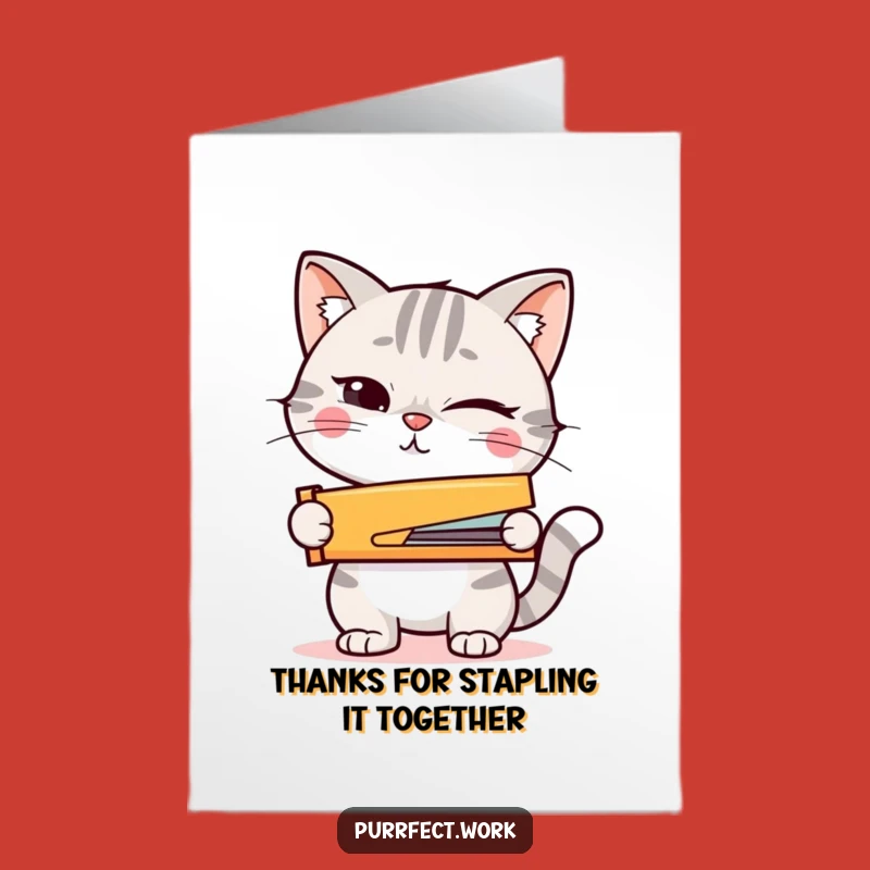 Free Printable Thank You Card: Winking Cat, Stapler Action, Downloadable Appreciation