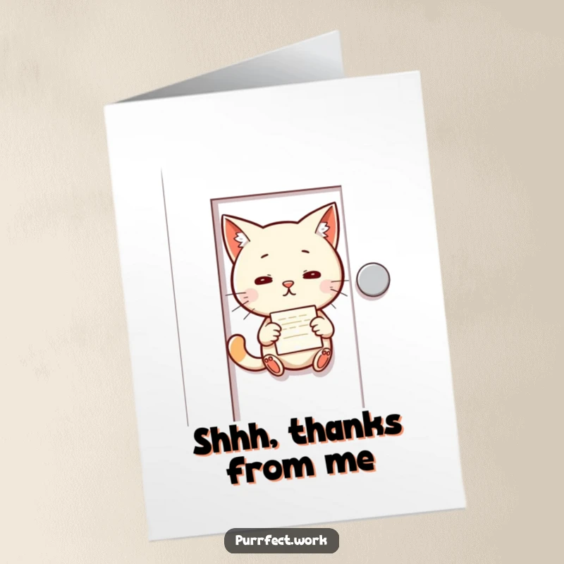 Funny Free Printable Thank You Card: Mischievous cat slipping a thank you note under an office door.