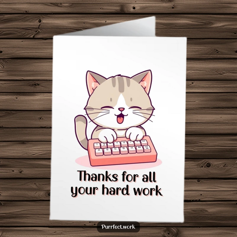 Funny Free Printable Thank You Card: A busy cat furiously types on a mini keyboard to convey heartfelt thanks.