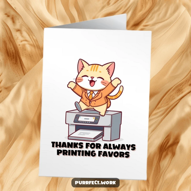 Funny Free Printable Thank You Card: A dapper cat in a suit humorously leaps over a printer to show thanks.