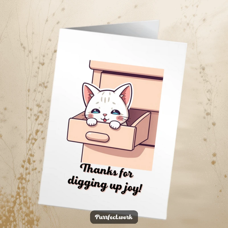 Funny Free Printable Thank You Card: A cat's curious eyes peek out from a slightly ajar desk drawer, conveying thanks unexpectedly.