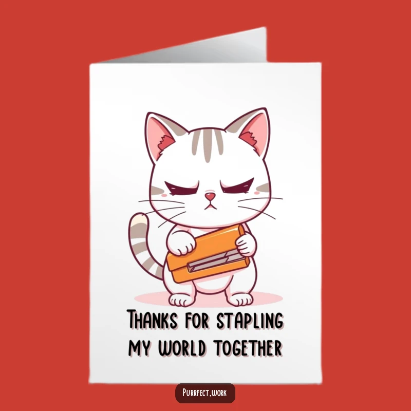 Free Printable Thank You Card: Anxious Cat with Stapler - Humorous DIY Downloadable Gift