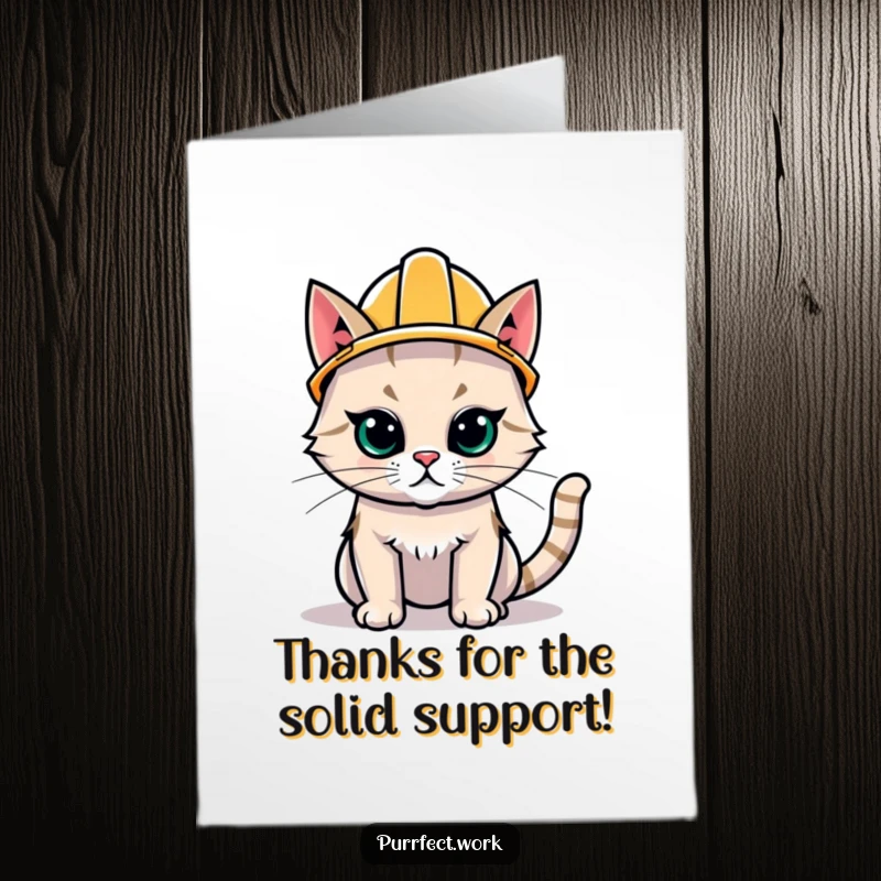 Funny Free Printable Thank You Card: Determined cat wearing a hard hat, giving a thumbs up for help received.