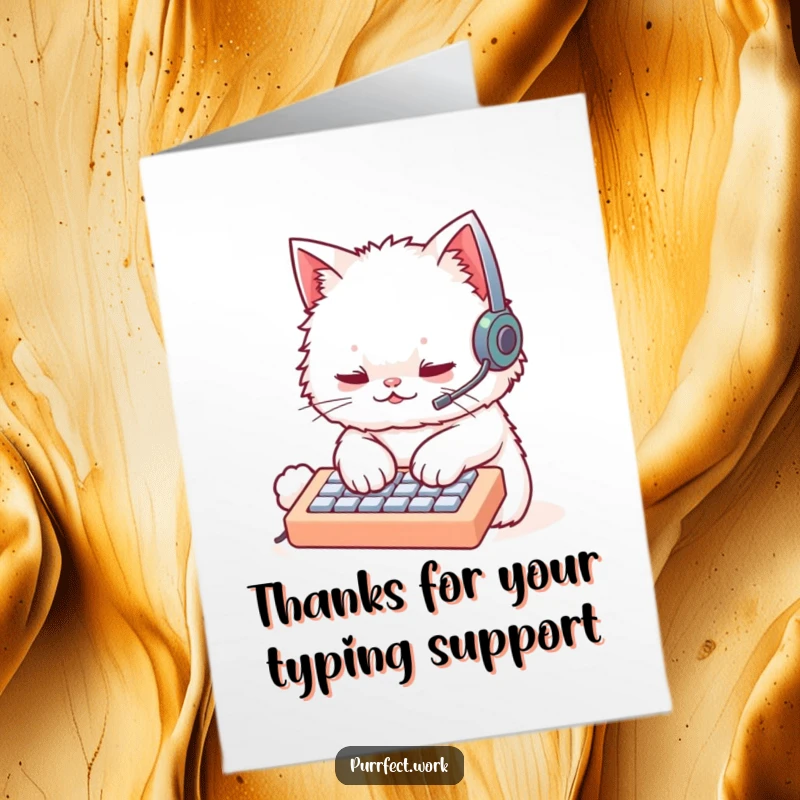 Funny Free Printable Thank You Card: A white cat typing rapidly on a keyboard with a headset, a funny thank you for their efforts.