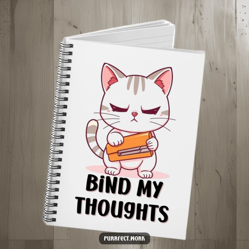 Funny notebook with a cat character nervously holding a stapler on the cover, great for jotting notes and as a humorous gift.