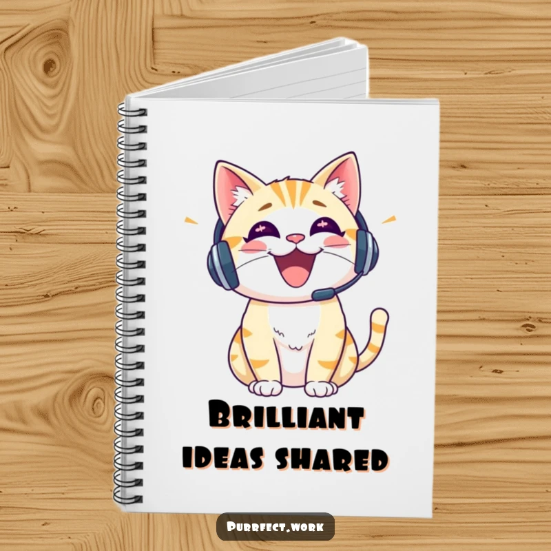 Funny cat wearing a headset, talking enthusiastically, featured on a notebook cover, inspiring bright ideas.