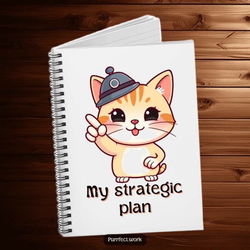 Funny boss cat notebook, cat boss pointing at a whiteboard, jotting down plans, humorous and practical stationery for leaders.