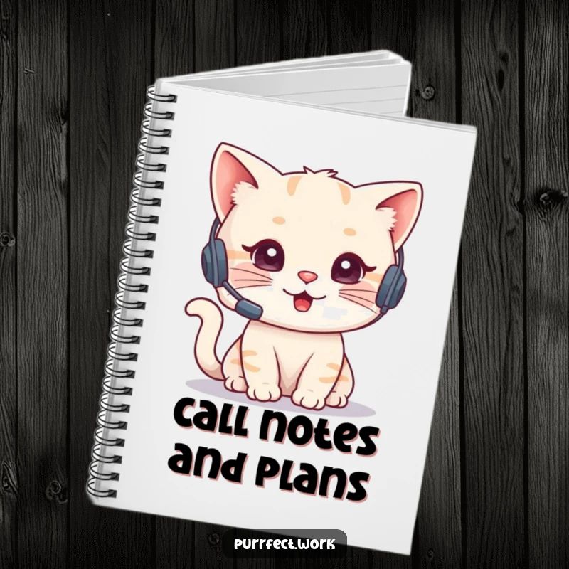 Funny Cat Agent Notebook with a cute cat wearing a headset, talking on the phone, perfect for notes and communication logs. Professional stationery.