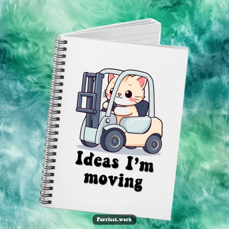 Funny cat character driving a miniature toy forklift on the cover of a notebook, encouraging creative and humorous entries.