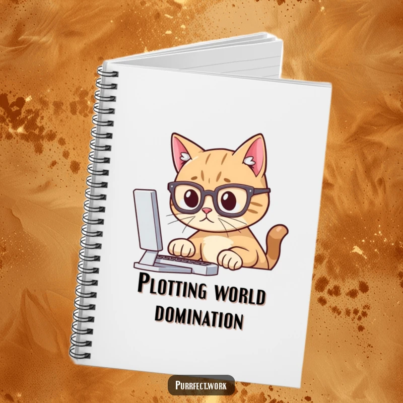 Funny notebook cover displaying a cat in glasses, staring at a computer, symbolizing intelligence and note-taking.