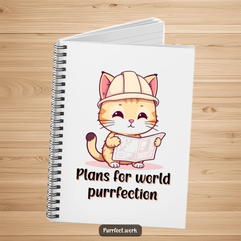 Funny notebook with a playful cat in a tiny hard hat, looking at a blueprint, ideal for sketches and project plans.
