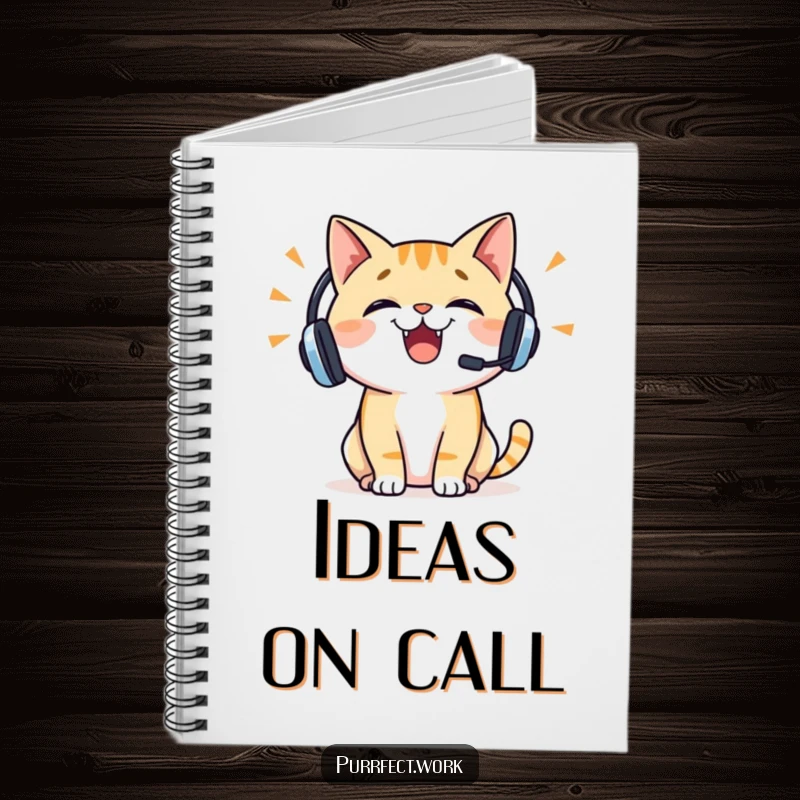 Funny cat headset notebook with a cheerful cat wearing a headset, talking enthusiastically, ideal for jotting down ideas and conversation notes.