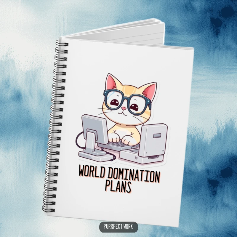 Funny notebook with a cute cat in tiny glasses typing on a miniature computer, perfect for notes and creative thinking.