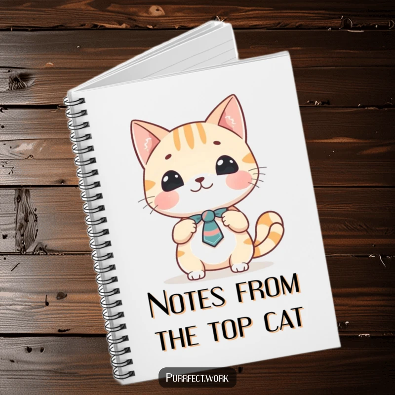 Funny cat presentation notebook with a cheerful cat character wearing a tie, mid-presentation, ready for you to fill with notes.