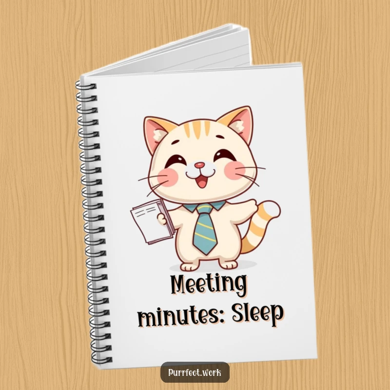 Funny notebook featuring a happy cat in a tiny tie, presenting papers, ideal for meeting notes and to-do lists.