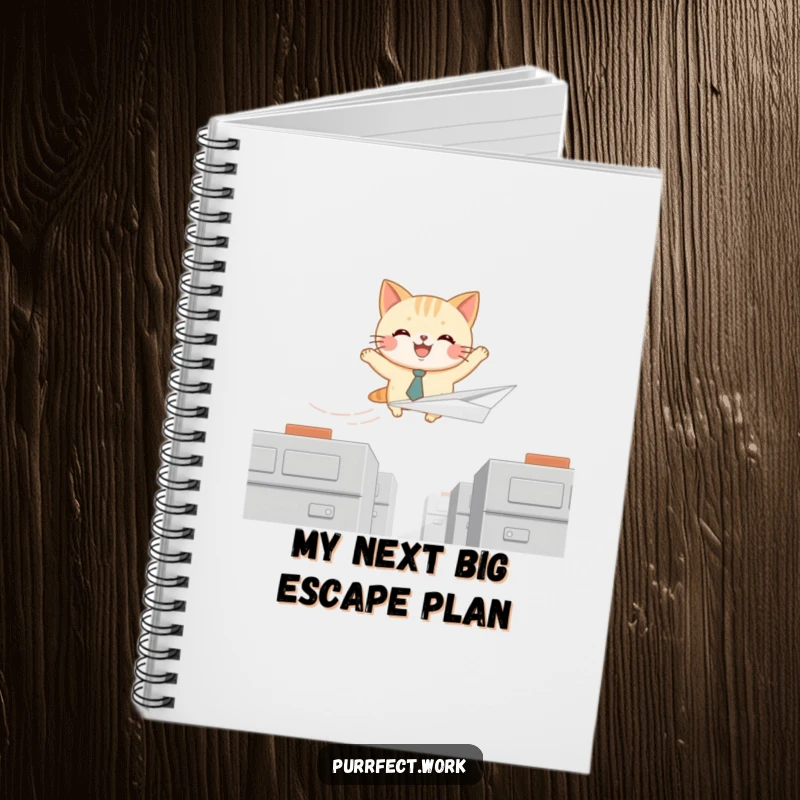 Funny notebook with a joyful cat in a tie flying a paper airplane over cubicles, ideal for jotting down funny ideas.