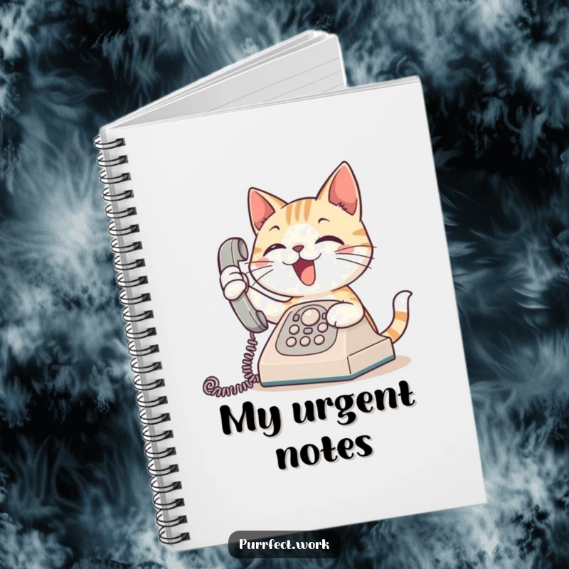 Funny notebook cover with an enthusiastic cat answering a ringing phone, symbolizing communication and quick responses.