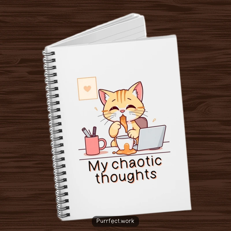 Funny notebook cover with a cat comically spilling coffee at a desk, symbolizing messy thoughts and creative chaos.