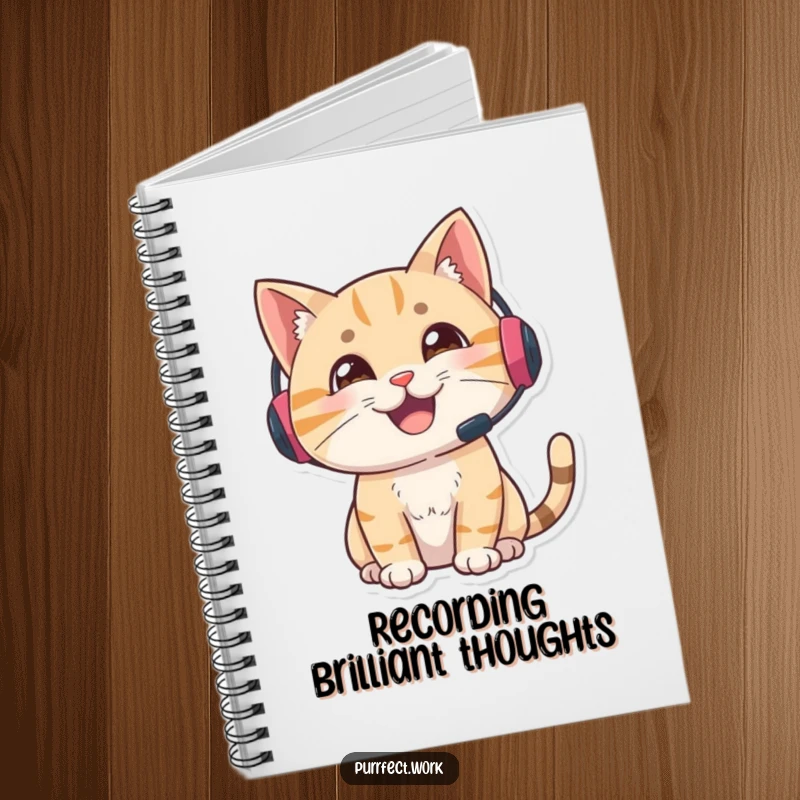 Funny gamer cat notebook, cat with a headset looking alert and engaged, jotting down notes, humorous and practical stationery.